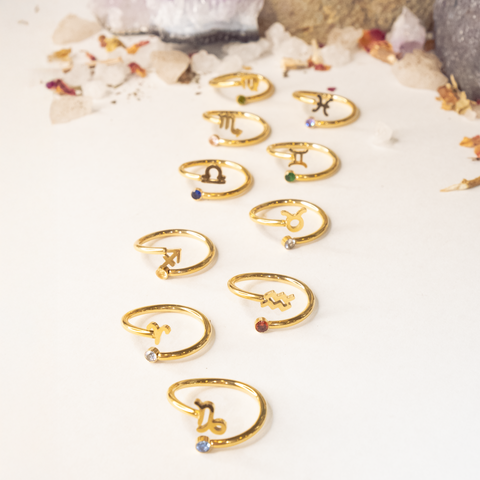 Anillo de signo del zodiaco - Chapado en oro de 18 quilates ajustable