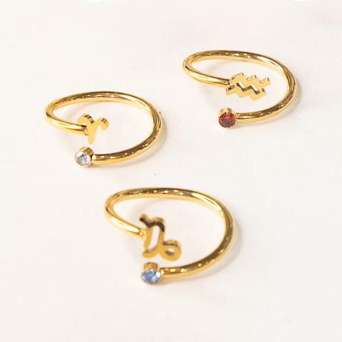 Anillo de signo del zodiaco - Chapado en oro de 18 quilates ajustable